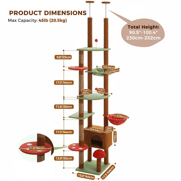 Pawsh Comfort™ Adjustable Floor-to-Ceiling Cat Tree (230–252cm) – Tall Cat Tower with Condo, Hammock, Hanging Ball & 5 Scratching Posts - Image 4