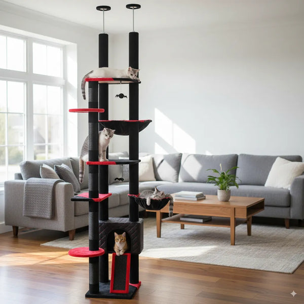 Pawsh Comfort™ Adjustable Floor-to-Ceiling Cat Tree (230–252cm) – Tall Cat Tower with Condo, Hammock, Hanging Ball & 5 Scratching Posts - Image 9