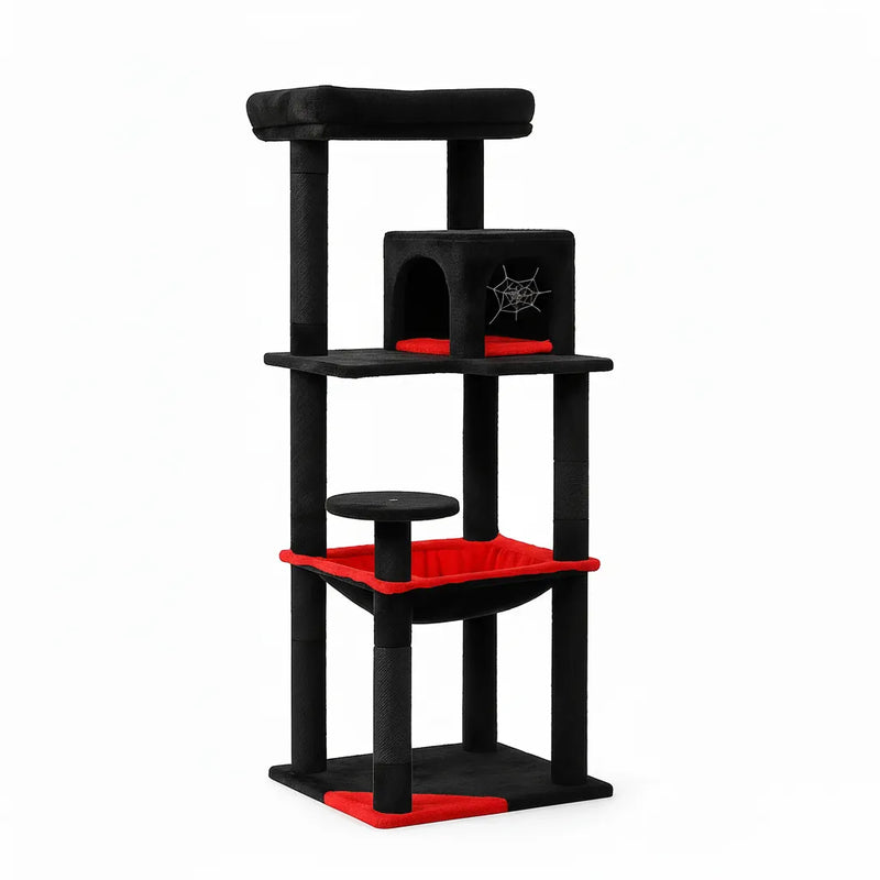 Gothic indoor cat tree with large hammock, condo, scratching posts, and top perch.