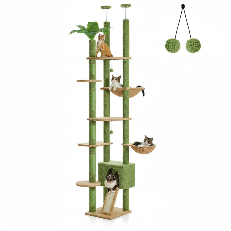 PETEPELA green cactus cat tree floor to ceiling tower with condo, hammock and scratching posts