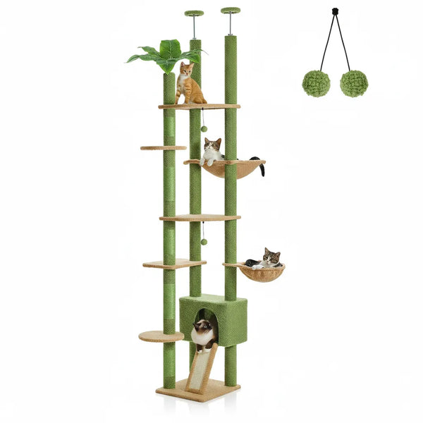 Pawsh Comfort™ Adjustable Floor-to-Ceiling Cactus Cat Tree – Tall Indoor Cat Tower with Condo, Hammock & Scratching Posts - Image 1