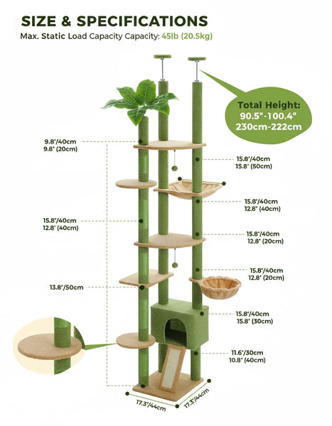 Pawsh Comfort™ Adjustable Floor-to-Ceiling Cactus Cat Tree – Tall Indoor Cat Tower with Condo, Hammock & Scratching Posts - Image 4
