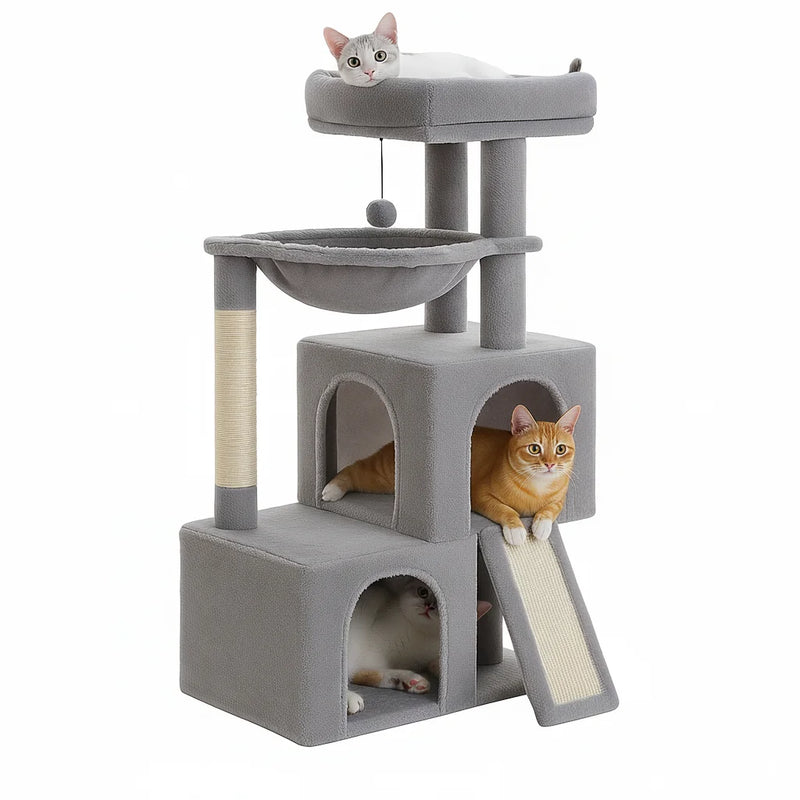 Modern large cat tree with two condos, hammock, padded top perch, sisal scratching post and ramp, gray, 104 cm