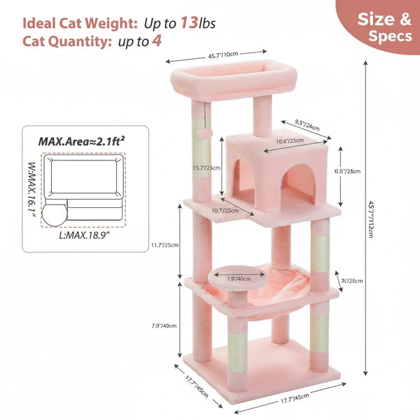 Pawsh Comfort™ 5-Level Cat Tree Tower – Sturdy Metal Frame with Condo, Hammock, Scratching Posts & Large Top Perch for Indoor Cats - Image 10