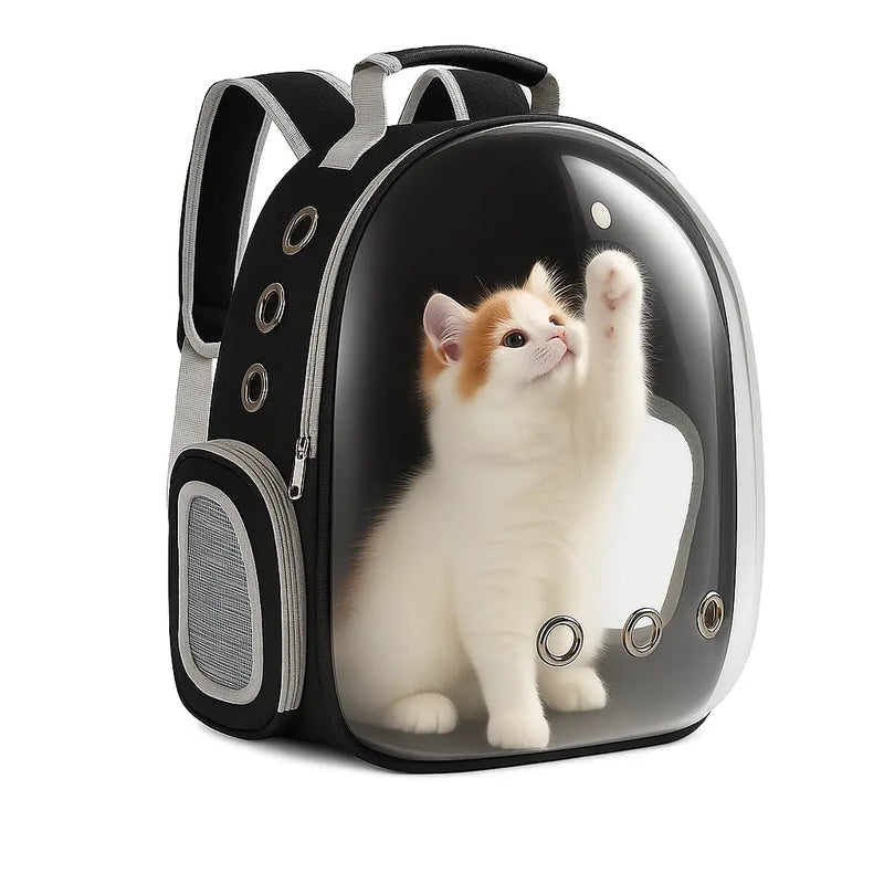 Front view of black pet carrier backpack with transparent bubble for cats and dogs.