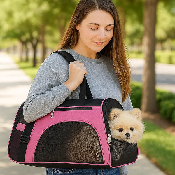 Small cat inside a portable pet carrier bag, real-life travel use