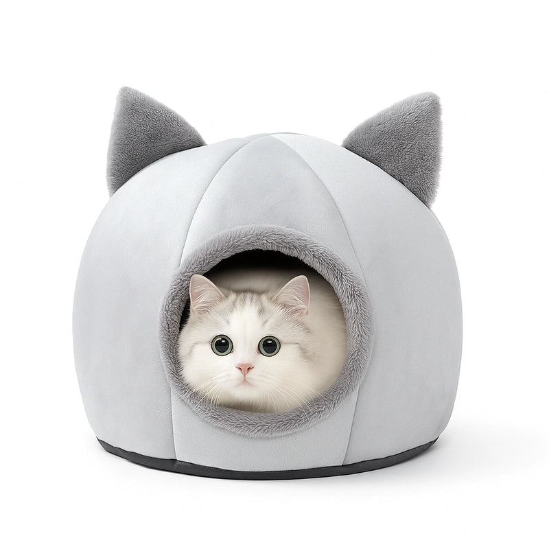 Main front view of removable winter cat cave bed with cushion for cats